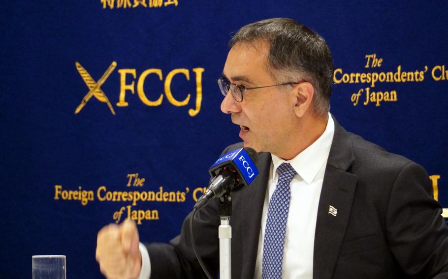 Israeli Ambassador to Japan Gilad Cohen speaks to reporters at the Foreign Correspondents' Club of Japan in Tokyo, Friday, Oct. 13, 2023.