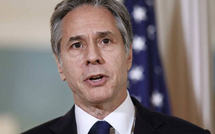 Secretary of State Antony Blinken speaks with meeting with Chile's Foreign Minister Andres Allamand, Friday, July 16, 2021, at the State Department in Washington. 