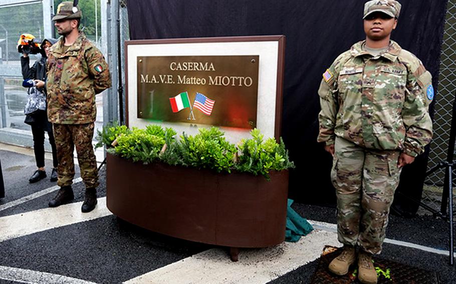 The military installation in Longare, Italy, is nameless no longer after a ceremony May 7, 2024. It is now called Caserma Matteo Miotto in honor of a soldier from nearby Thiene who was killed in Afghanistan in 2010. 