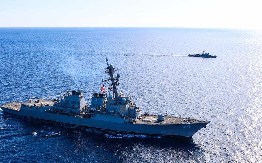 The USS Bulkeley, an Arleigh Burke-class destroyer, sails in the Mediterranean Sea.
