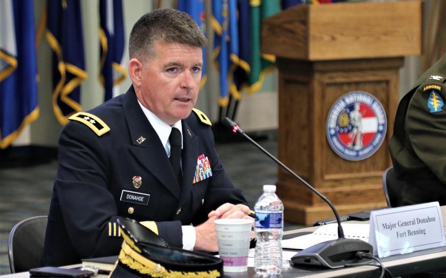 Army Maj. Gen. Patrick Donahoe seen here in April 2021. The Army has delayed his retirement after he relinquished command of Fort Benning, Ga., and the Maneuver Center of Excellence in July as the service completes an investigation of his use of social media.