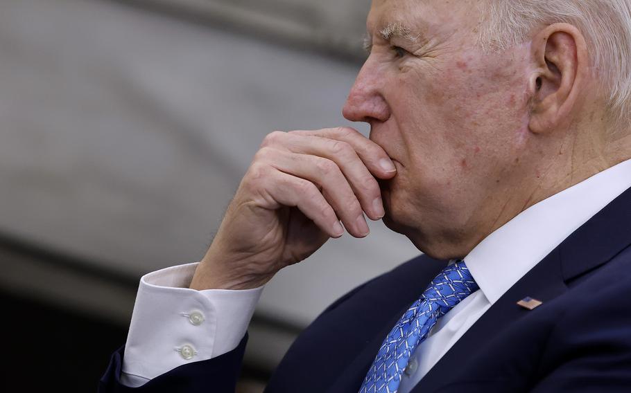 President Joe Biden listens to Italian Prime Minister Giorgia Meloni deliver prepared remarks during a meeting in the Oval Office at the White House on March 1, 2024, in Washington, D.C.