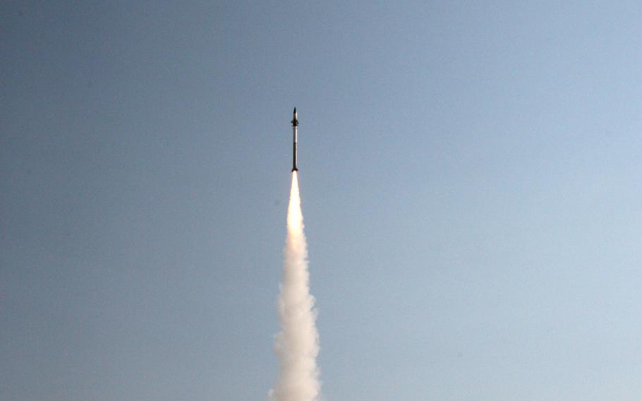 An interceptor launches from an Iron Dome missile-defense system at White Sands Missile Range, N.M., in this undated photo posted online by the U.S. Army.