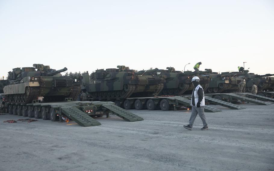 Multiple M1 Abrams tanks in Grafenwöhr, Germany, in February 2022. 