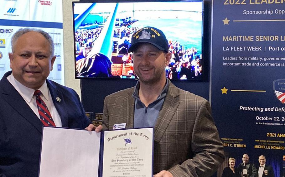 Jonathan Williams, president and CEO of the Pacific Battleship Center and president of the L.A. Fleet Week Foundation, received the Distinguished Public Service Award from the Department of the Navy earlier this month during the Surface Navy Association’s 34th National Symposium in Arlington, Va.