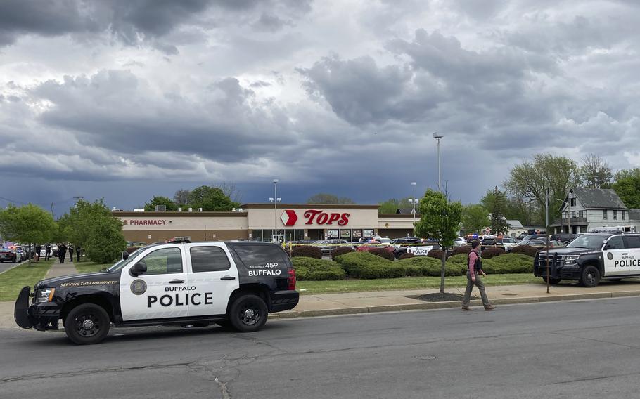 Buffalo Police respond to a shooting at Tops Friendly Market in Buffalo, N.Y., Saturday, May 14, 2022.