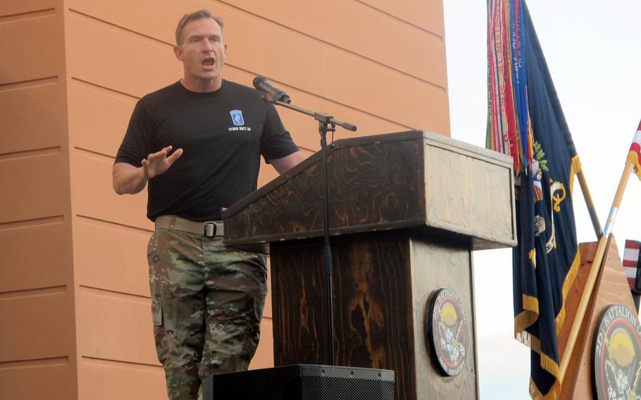 Col. Michael Kloepper, commander of the 173rd Airborne Brigade, told Afghanistan war stories Aug. 25, 2021, at Del Din in Vicenza, Italy. Kloepper's stories centered on the heroics of 1st Lt. Derek Hines, who was killed in Zabul province in 2005. The brigade held a 5K run to honor Hines.