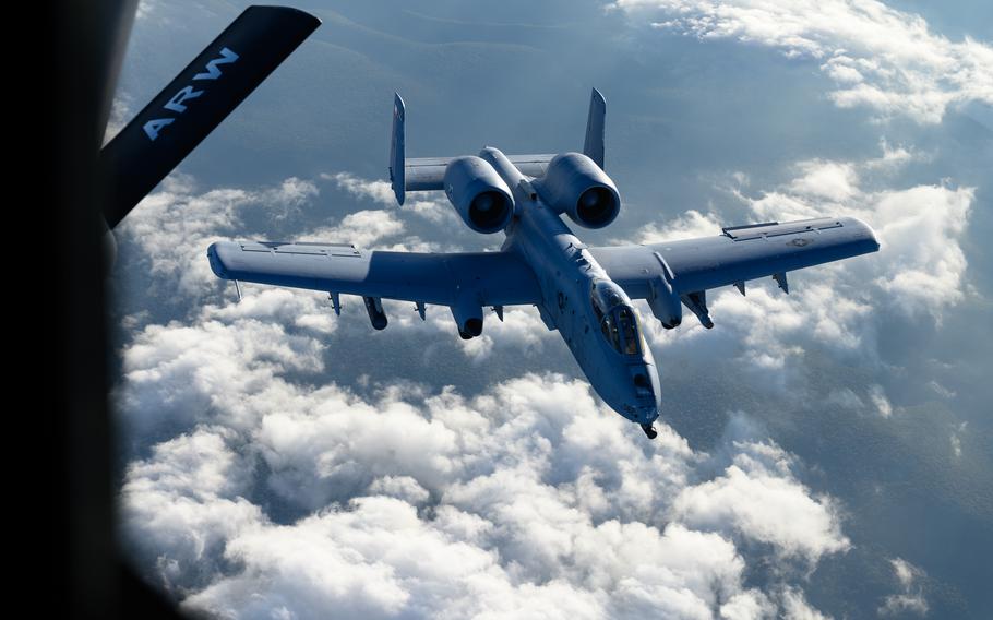 An A-10C Thunderbolt II with Maryland Air National Guard’s 104th Fighter Squadron flies behind a U.S. Air Force KC-135 Stratotanker on Oct. 13, 2021. 