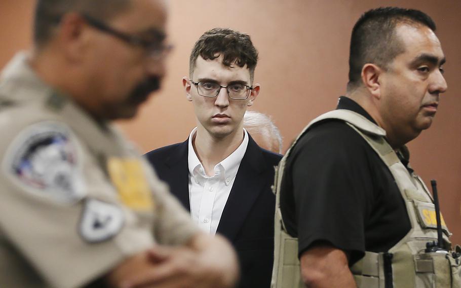 El Paso Walmart shooting suspect Patrick Crusius pleads not guilty during his arraignment in El Paso, Texas, Oct. 10, 2019. Patrick Crusius, the Texas gunman who killed 23 people in the racist  attack is returning to federal court for sentencing on Wednesday, July 5, 2023. Crusius is facing multiple life sentences after pleading guilty to one of the deadliest mass shootings in U.S. history.