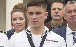 A video screen grab shows Seaman Recruit Ryan Sawyer Mays speaking outside a military courthouse in San Diego on Friday, Sept. 30, 2022, after he was found not guilty of setting a fire that destroyed the $1.2 billion USS Bonhomme Richard.