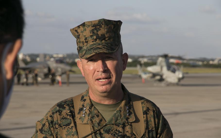 Lt. Gen. James Bierman speaks to reporters after taking command of the III Marine Expeditionary Force at Marine Corps Air Station Futenma, Okinawa, Tuesday, Nov. 9, 2021. 