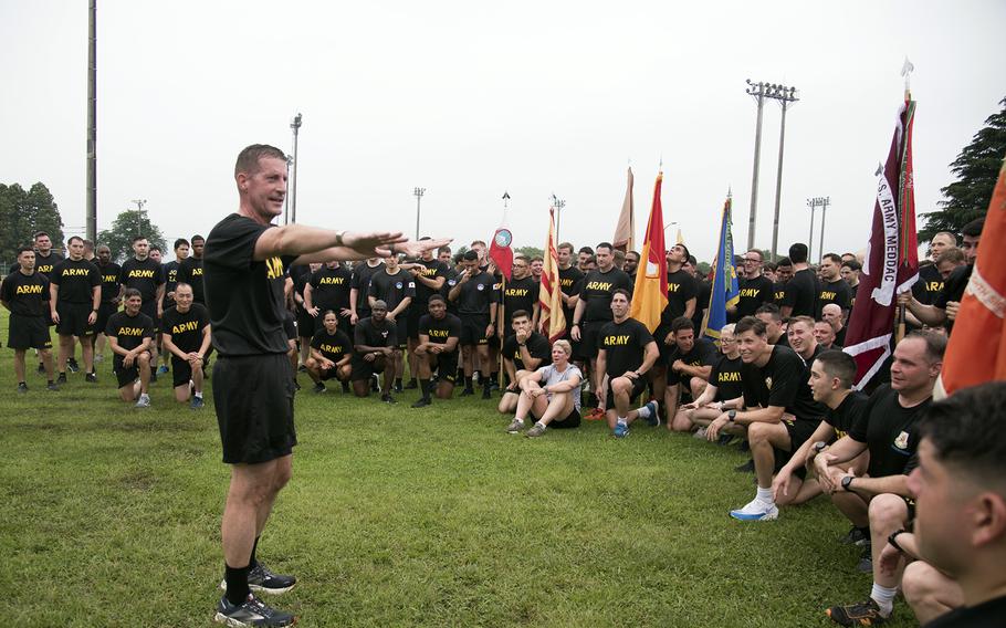 Maj. Gen. Joel “JB” Vowell, commander of U.S. Army Japan, speaks to American and Japanese troops after a 3-mile run at Camp Zama, Japan, Wednesday, June 14, 2023. The event honored the Army's 248th birthday.