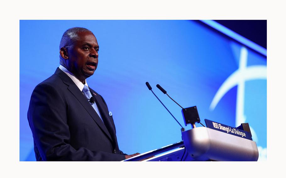 Defense Secretary Lloyd Austin speaks at the Shangri-la Dialogue in Singapore on June 1, 2024.