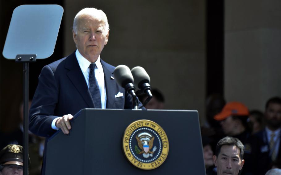President Joe Biden delivers remarks during the D-Day 80th anniversary commemoration at Normandy American Cemetery in Colleville-sur-Mer, France, on June 6, 2024. 