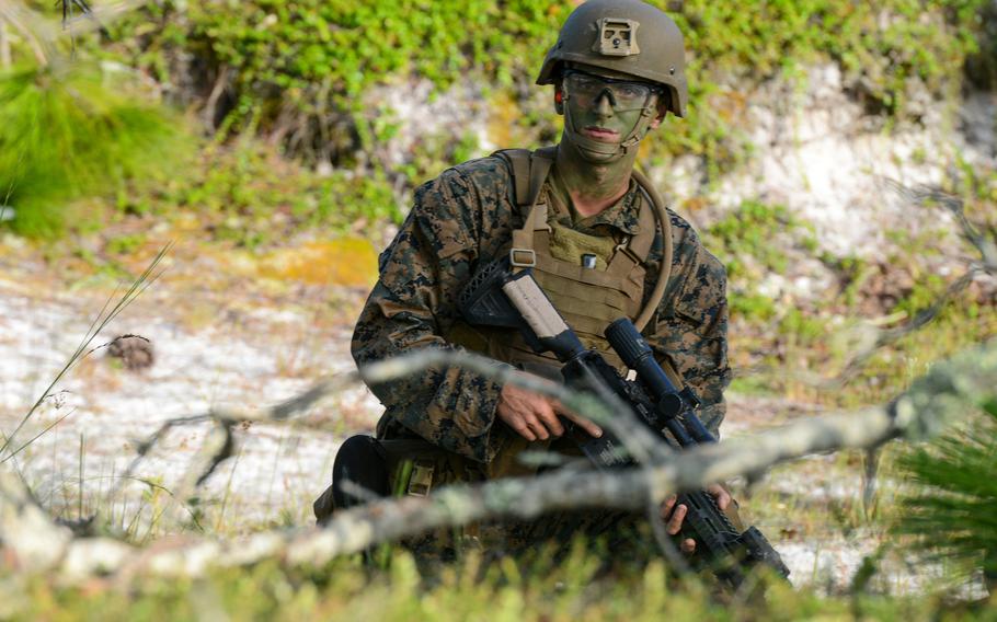 A Marine infantry student at Camp Lejeune, N.C., practices setting up an ambush in a live-fire training event Aug. 27, 2021, during their 12th week of initial infantry training as part of a pilot program meant to drastically change the way the Corps trains its infantrymen. The pilot program expands infantry training from nine to 14 weeks and places Marines in 14-person squads under a single instructor.