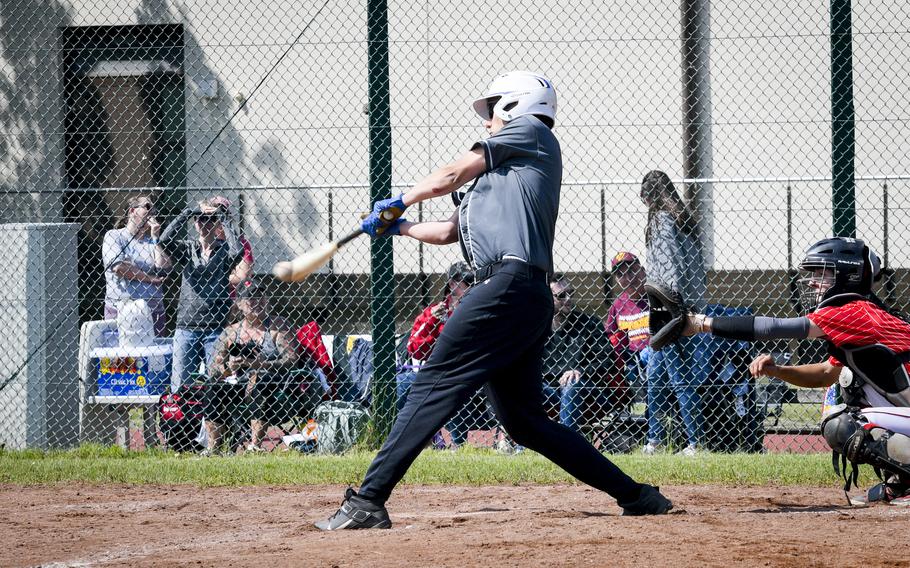 Wiesbaden’s Sergio Egland makes contact with a pitch, leading to a foul ball, during a 2024 DODEA European baseball championship game against Kaiserslautern on May 23, 2024, at Southside Fitness Center on Ramstein Air Base, Germany.