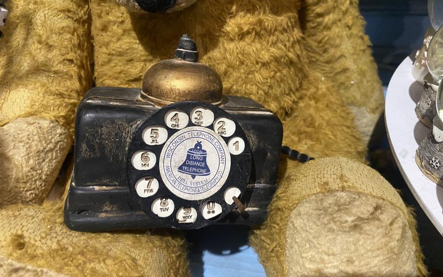 This teddy bear at the Christmas House in Karlovy Vary, Czech Republic, is paired with an antique Wisconsin Telephone Co. apparatus as a prop. It stood out for the article writer, who has numerous family ties to the Midwestern state.