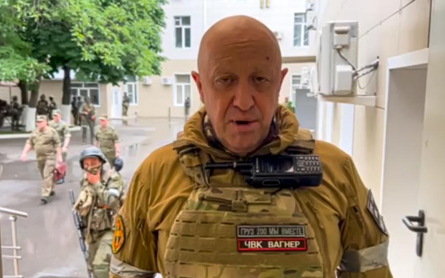 Yevgeny Prigozhin, the owner of the Wagner Group military company, records his video addresses in Rostov-on-Don, Russia, Saturday, June 24, 2023. 