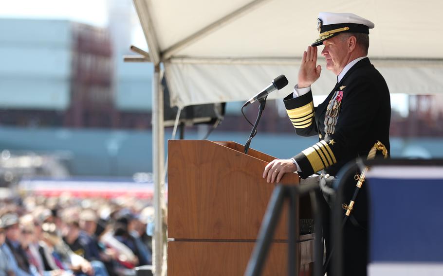 Adm. Samuel J. Paparo, commander of U.S. Pacific Fleet, speaks during the commissioning ceremony of the Independence-class littoral combat ship USS Santa Barbara, at Naval Base Ventura County, Port Hueneme, Calif., April 1, 2023. 