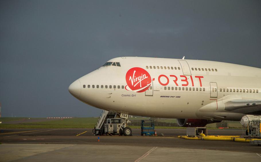 The ‘Cosmic Girl’ Boeing Co. 747 launch aircraft, operated by Virgin Orbit Holdings Inc., on the tarmac at Spaceport Cornwall, located at Cornwall Airport Newquay, in Newquay, United Kingdom, on Tuesday, Nov. 8, 2022. 