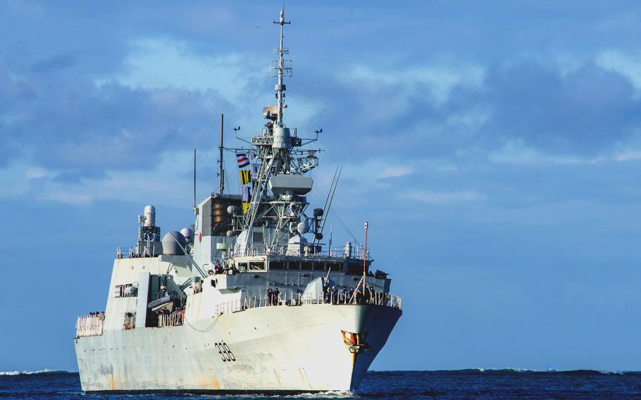 Royal Canadian Navy frigate HMCS Winnipeg arrives at Joint Base Pearl Harbor-Hickam on June 28, 2022, to participate in the Rim of the Pacific exercise.