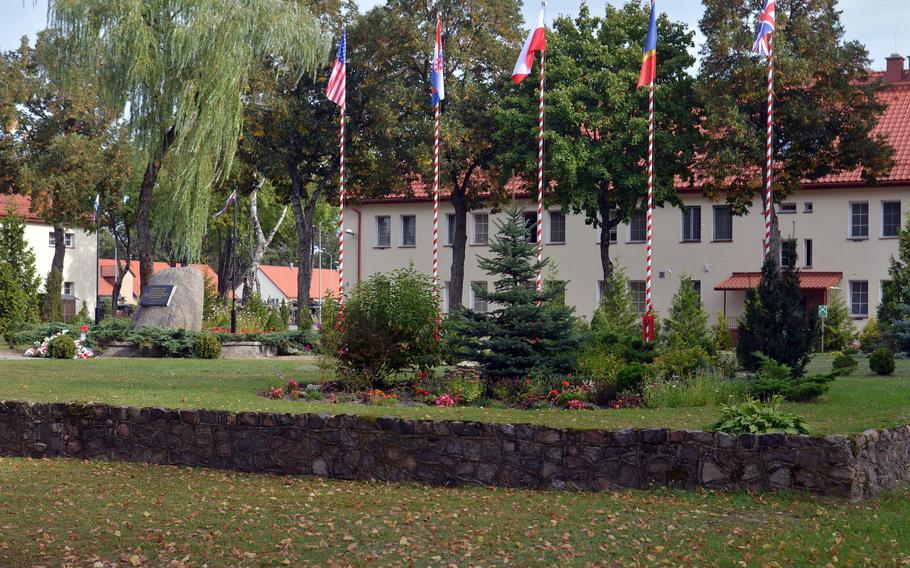  The flags flying at the Polish military base at Bemowo Piskie reflect the countries serving in NATO's Enhanced Forward Presence Battle Group Poland. They are the U.S., Croatia, Poland, Romania and the United Kingdom.