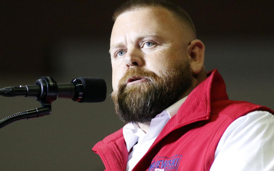 J.R. Majewski, Republican candidate for U.S. Representative for Ohio’s 9th Congressional District, speaks at a campaign rally in Youngstown, Ohio., Sept. 17, 2022.