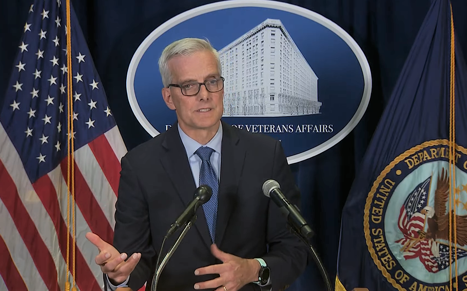 Department of Veterans Affairs Secretary Denis McDonough speaks during a news conference Wednesday, Oct. 20, 2021, at VA headquarters in Washington, D.C.