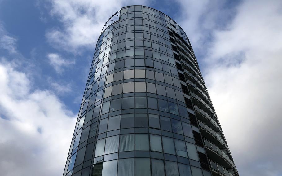 The section of Rzeszow, Poland, across the Wislok River from the castle is full of modern glass and concrete buildings like this office/apartment tower, and the giant Millennium Hall mall.