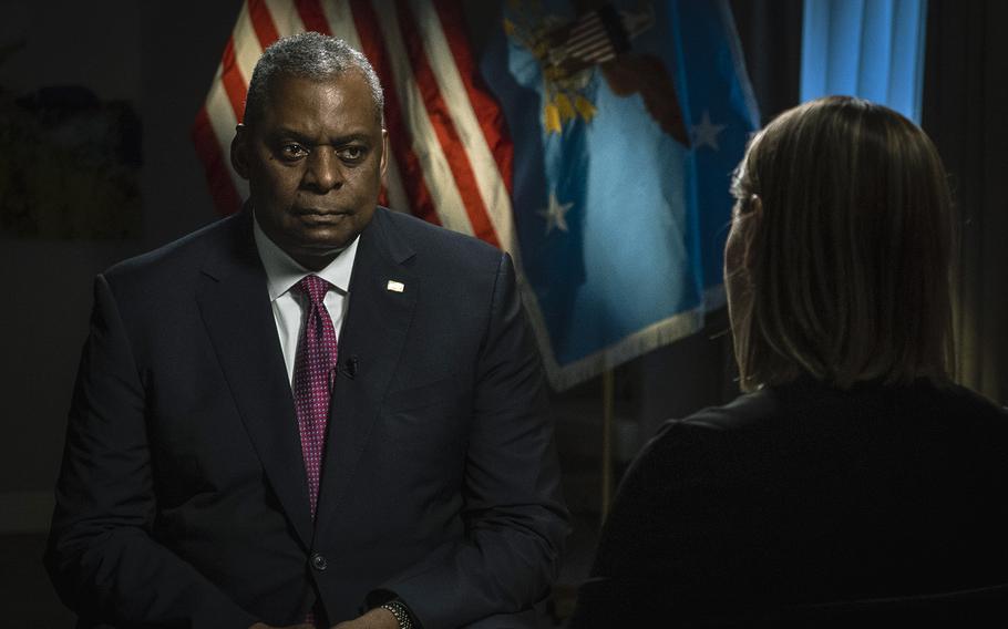 Secretary of Defense Lloyd J. Austin III listens to a question during an interview in Brussels, Belgium, on Feb. 15, 2023. 