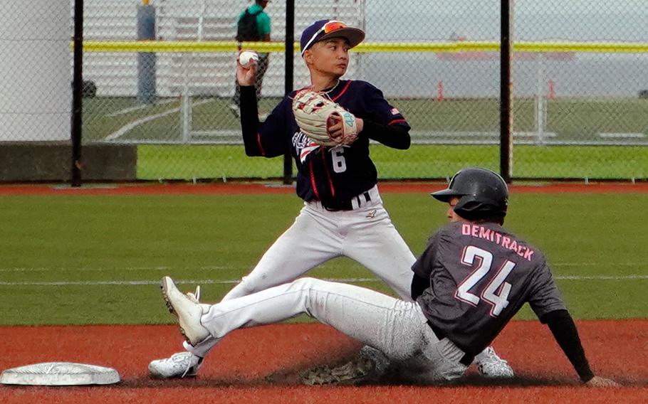 Kadena's Kai Redden readies to relay to first as Kubasaki's Daniel Demitrack slides into second.