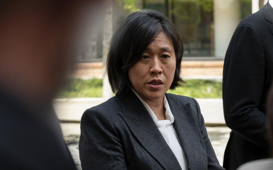 Katherine Tai, U.S. trade representative, speaks to members of the media on the sidelines of the spring meetings of the International Monetary Fund and World Bank Group in Washington, D.C., on April 21, 2022. 