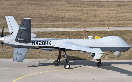 An MQ-9 Reaper taxis toward the runway at Miroslawiec Air Base, Poland, in March 2019. A Reaper crashed March 17, 2024 while carrying out operations in Poland, U.S. Air Forces Europe and Africa said in statement.