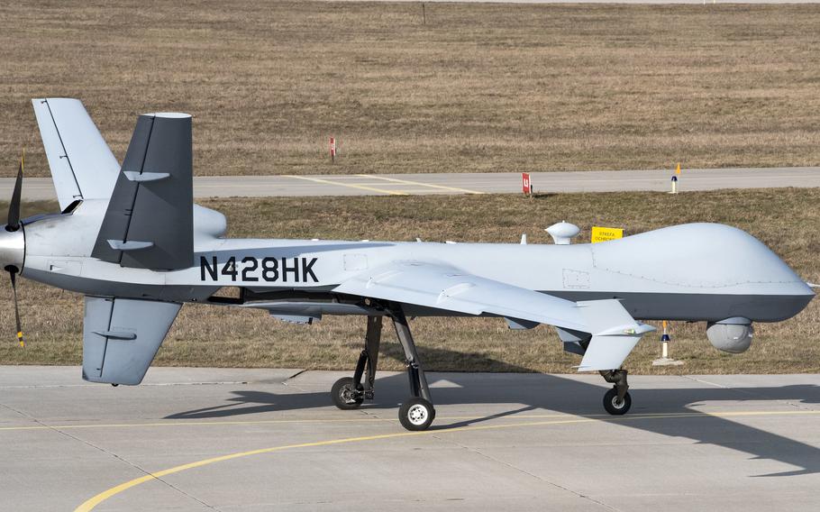 An MQ-9 Reaper taxis toward the runway at Miroslawiec Air Base, Poland, in March 2019. A Reaper crashed March 17, 2024, while carrying out operations in Poland, U.S. Air Forces Europe and Africa said in statement.