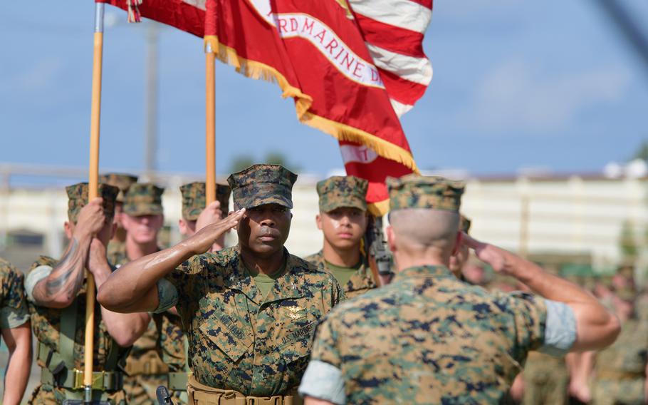 Members of the 3rd Marine Division mark the division’s 80th anniversary with a ceremony at Camp Hansen, Okinawa, Wednesday, Sept. 14, 2022.