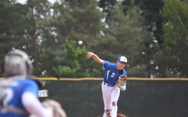 Wiesbaden's Jack Lehr pitches on Thursday, May 22, 2025, at the DODEA-Europe Division I baseball championships on Ramstein Air Base, Germany.