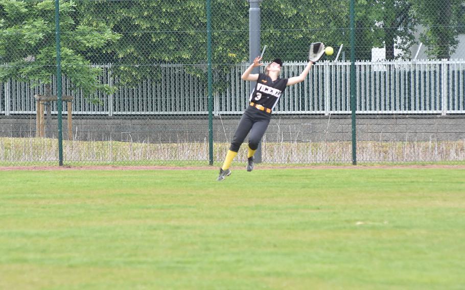 Vicenza centerfielder Brianne Horner got turned around and couldn't quite make a catch in the pivotal second inning of the DODEA-Europe Division II/III softball championship game Saturday, May 20, 2023, at Kaiserslautern, Germany.