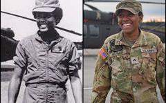 Cpl. Kayla Noyles of the 16th Combat Aviation Brigade (right) poses for a photo at Grey Army Airfield, Joint Base Lewis-McChord, Wash., Jan. 10, 2022. Noyles recreated a historic photo of Lt. Col. Marcella A. Hayes Ng (left). Ng became the first black female to receive aviator wings in the U.S. armed forces in November 1979.