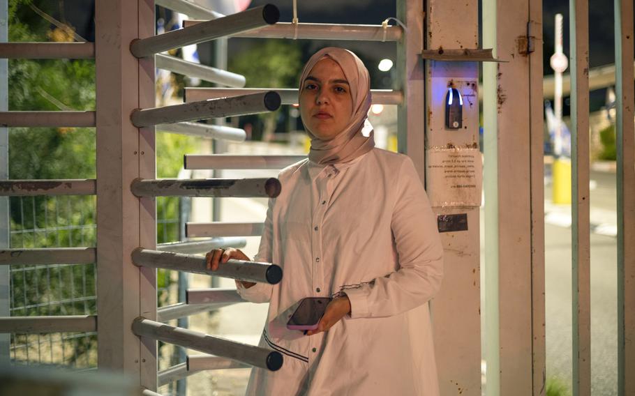 Bayan al-Khateeb, 23, outside one of the main entrances to the Technion University in Haifa, Israel, following a six-hour hearing held at the school. 