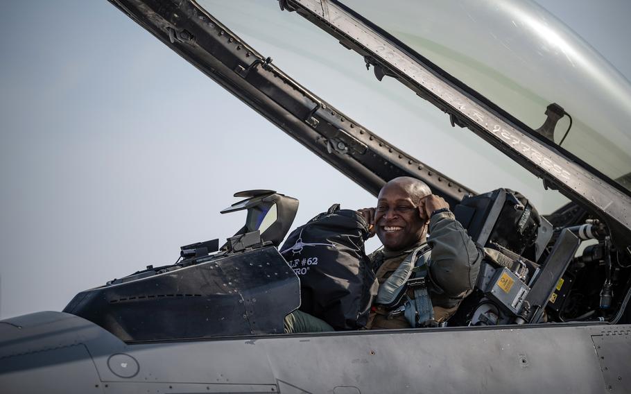 Col. Henry Jeffress, III, 8th Fighter Wing commander, completes his final flight in an F-16 Fighting Falcon at Osan Air Base, South Korea, May 17, 2023.