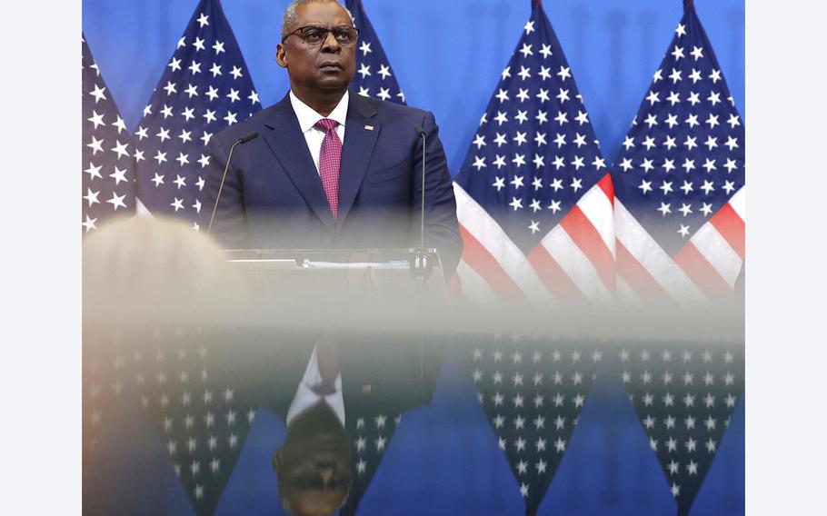 U.S. Secretary for Defense Lloyd Austin attends a briefing at NATO headquarters in Brussels on June 15, 2022. NATO leaders are set to gather in Madrid in late June with a standoff over the membership hopes of Finland and Sweden looming large.