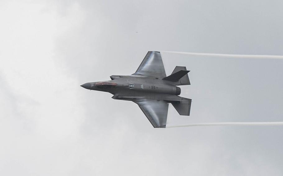 The F-35A Lightning II performs aerial acrobatics at Joint Base San Antonio-Randolph, Texas, for The Great Texas Airshow, Saturday, April 6, 2024. 