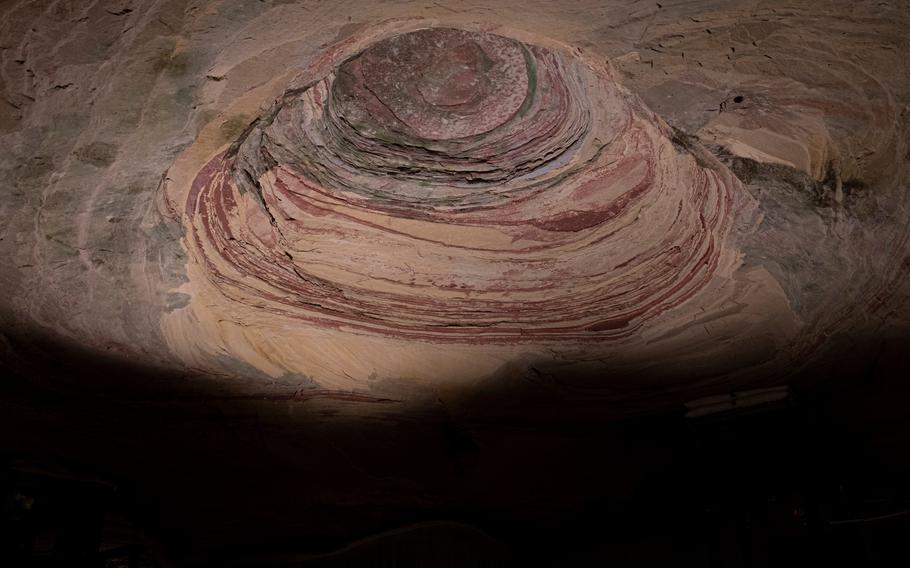 The roof of the “Throne Room” in the Schlossberg Caves in Homburg, Germany. The domed hall is about 150 feet below the Schlossberg Hotel. Its name dates to the 1960s, when cave festivals were regularly held. A “cave queen” was elected, and she sat in this room. 