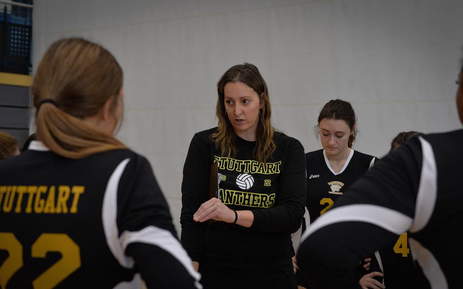 Stuttgart head coach Bethany Trimble sets the tone for the second half of the game against Lakenheath during the 2022 DODEA-Europe Volleyball Tournament, Oct. 27, 2022, at Ramstein Air Base, Germany.