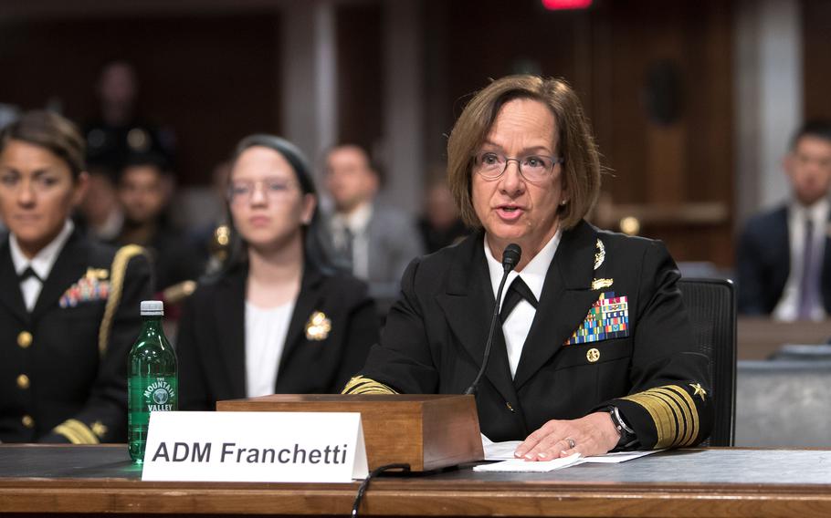 Adm. Lisa Franchetti, the acting chief of naval operations, testifies Thursday, Sept. 14, 2023, at a Senate Armed Services Committee hearing on her nomination to take the job permanently.
