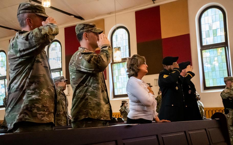 Gold Star mother Mary Aguirre-Garza attends a 9/11 memorial at Daenner Chapel in Kaiserslautern, Germany, on Sept. 10, 2021. Aguirre-Garza’s son Army Cpl. Nathaniel Aaron Aguirre died in Iraq in 2006. 