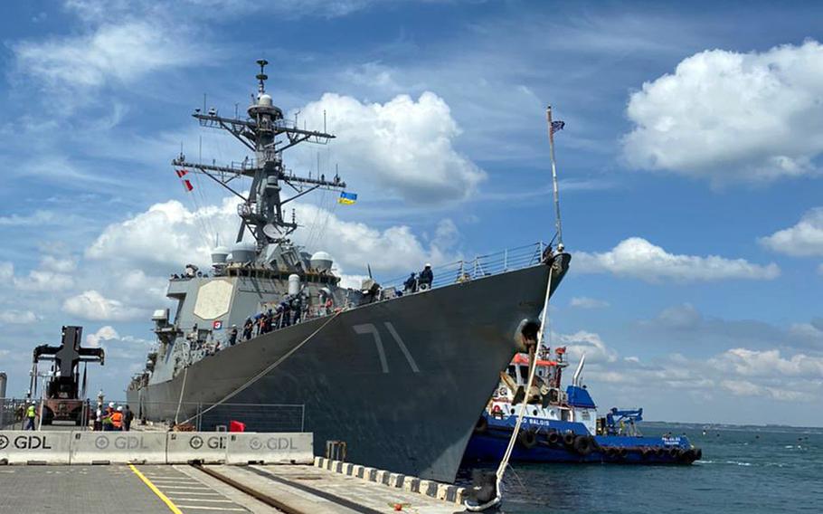 The destroyer USS Ross arrives in Odessa, Ukraine to take part in Exercise Sea Breeze, June 27, 2021. The drills will include 32 nations training together in the Black Sea region.