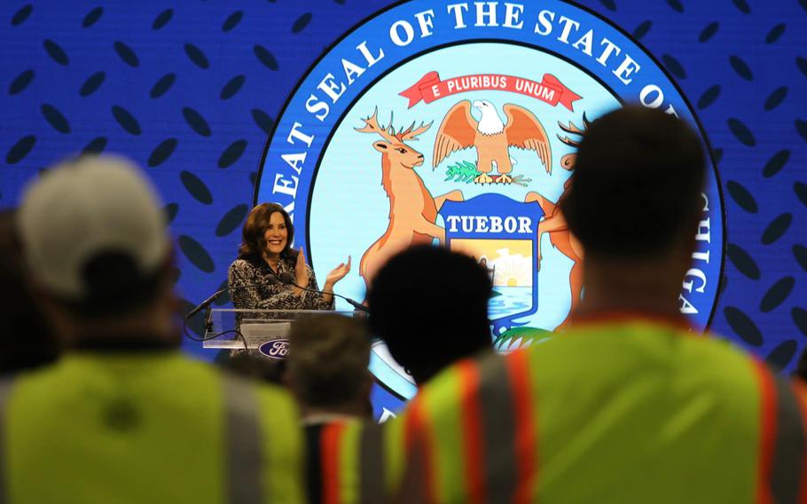 Michigan Gov. Gretchen Whitmer (D) is shown speaking at an event for Ford in February 2023. Whitmer focused on the domestic jobs the Ford battery plant would create.