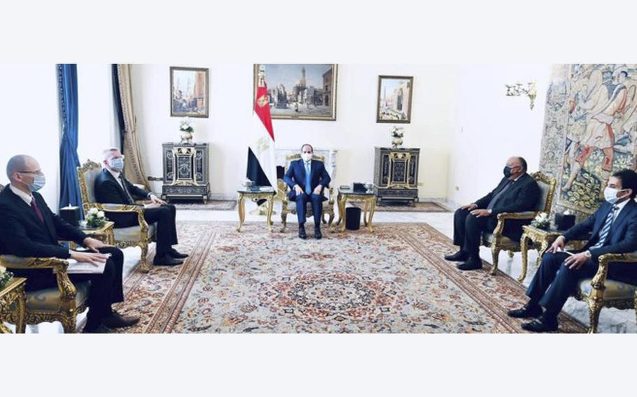 Latvia’s Foreign Minister Edgars Rinkevics, left, meets with Egyptian President Abdel Fattah El-Sisi and Egypt’s foreign minister. 