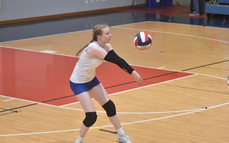 Sigonella's Emese Hriczu bumps the ball to begin a Jaguars attack against Aviano on Saturday, Sept. 17, 2022.